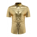 Mens Costume Shirt Stylish Shiny Button-down Short Sleeve Point Collar Slim Fitted Shirt