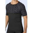 Vintage Mens T-Shirt Geometric Pattern Panel Topstitching Short Sleeve Round Neck Skinny Fitted Quick-Dry Tee Top