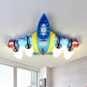 Fighter Jet Boys Bedroom Flushmount White Glass 4-Bulb Kids Ceiling Flush Light in Blue