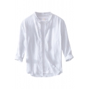Mens Shirt Trendy Plain Linen Stand Collar Button Detail Regular Fit 3/4 Sleeve Shirt