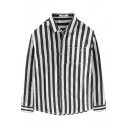 Mens Shirt Chic Vertical Stripe Print Chest Pocket Spread Collar Button Detail Regular Fit Long Sleeve Shirt