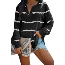 Fashion Stripe Pattern Button Detail Round Neck Long Sleeves Relaxed Fitted Tee Top for Women