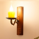 Resin Candle Wall Mount Lamp Lodge Single Dining Room Wall Light Fixture with Bamboo Backplate in Brown
