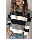 Casual Pullover Sweater Stripe Pattern Long Sleeves Round Neck Fitted Pullover Sweater for Women
