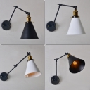 1-Light Swivelable Wall Mount Lamp Retro Bedroom Wall Light with Deep Cone Metal Shade in Black