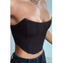Womens Tube Top Trendy Plain Curved Hem Slim Fitted Strapless Cropped Tube Top