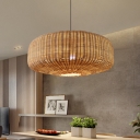 1-Light Restaurant Hanging Lamp Countryside Beige Down Lighting Pendant with Round Cage Rattan Shade