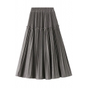 Unique Womens Skirt Solid Color Suede Panel Frill-Trimmed Midi High Elastic Waist A-Line Pleated Skirt