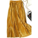 Classic Womens Skirt Solid Color Pleuche Midi High Elastic Waist Pleated Skirt