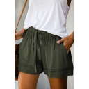 Stylish Shorts Solid Color Rolled Hem Unique Pockets Drawstring Waist Relaxed Fit Shorts for Women