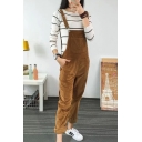 Stylish Womens Overalls Corduroy Solid Color Front Pocket Button Buckle Detail Regular Fitted Tapered Overalls