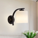 Retro Cylindrical Wall Mounted Light 1 Bulb Cream Glass Wall Lamp Fixture with Curved Arm in Black