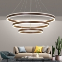 Minimal 2/3 Tiered Ring Hanging Light Aluminum Living Room LED Chandelier Pendant in Coffee