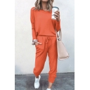 Womens Co-ords Fashionable Plain Long Sleeve Round Neck Tee Regular Fitted Tapered Pants Lounge Co-ords