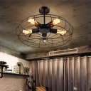 5-Bulb Semi Flush Mount Chandelier Industrial Bedroom Ceiling Light with Round Iron Cage in Black