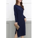 Trendy Women's Sweater Dress Cable Knit Solid Color Side Slit Crew Neck Long-sleeved Regular Fitted Midi Sweater Dress