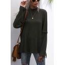 Leisure Women's T-Shirt Solid Color Ribbed Knit Mock Neck Wrapped Back Long Sleeves Regular Fitted Tee Top