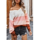 Popular Sweater Color Block off the Shoulder Rib Cuffs Long Sleeves Relaxed Fit Pullover Sweater