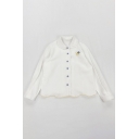 Creative Womens Shirt Dog Embroidery Stringy Selvedge Button Detail Scalloped Hem Long Sleeve Doll Collar Loose Fit Shirt