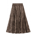 Womens Swing Skirt Stylish Velvet Pleated High Elastic Rise Midi A-Line Skirt
