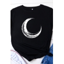 Stylish Women's Tee Top Moon Pattern Rolled Cuffs Short Sleeves Crew Neck Relaxed Fit T-Shirt