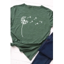 Elegant Women's T-Shirt Dandelion Pattern Rolled Cuffs Round Neck Short-sleeved Relaxed Fit Tee Top