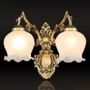 2 Heads Flower Bud Wall Lighting Antiqued Bronze Frosted White Glass Wall Mounted Lamp with Arm