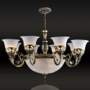 Antique Style Flared Chandelier 11-Bulb Frosted Glass Ceiling Hang Light in Bronze for Living Room