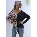 Novelty Womens T-Shirt Leopard Spot Print Patchwork Tie Hem Relaxed Fitted Long Sleeve V Neck Tee Top