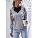 Creative Women's Knit Top Patchwork Rib Knit V Neck Long-sleeved Regular Fitted Knit Top