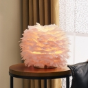 Simplicity Ball-Shape Night Stand Lamp Feather Girls Bedroom Table Lighting in Grey/White/Pink