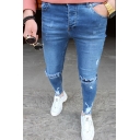 Basic Mens Jeans Faded Wash Ripped Knee Hole Zipper Fly Ankle Length Skinny Fit Tapered Jeans