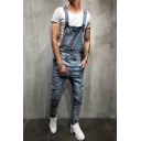 Retro Mens Jeans Faded Wash Ripped Long Regular Fitted Tapered Overall Jeans with Pockets