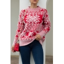 Elegant Women's Sweater Snowflake Pattern Rib-Knitted Cuffs Contrast Trim Round Neck Long-sleeved Regular Fit Knitted Mohair Sweater
