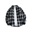 Novelty Mens Shirt Plaid Print Thick Chest Pocket Button down Long Sleeve Spread Collar Loose Fit Shirt