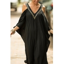 Leisure Women's Maxi Dress Contrast Stitching Cold Shoulder Butterfly Sleeves V Neck Maxi Dress