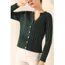 Vintage Womens Cardigan Solid Color Cable Knit Mulberry Silk Button up V Neck Long Sleeve Regular Fit Cardigan