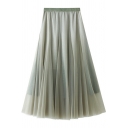 Basic Womens Skirt Ombre Color Bright Silk Tulle Midi High Elastic Waist A-Line Swing Skirt