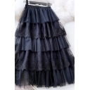 Womens Tulle Skirt Fashionable Flower Embroidery Lace Midi A-Line High Elastic Rise Layered Skirt