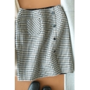 Womens Skirt Stylish Plaid Print Woolen Zipper Back Side Single-Breasted Mini High Waist Bodycon Skirt