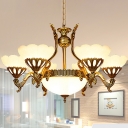 Cream Glass Brass Pendant Lighting Floral 9 Lights Antiqued Chandelier Lamp for Bedroom