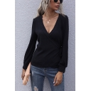 Vintage Womens T-Shirt Solid Color Bottoming Long Sleeve Surplice Neck Slim Fitted Tee Top