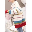 V Neck Long Sleeve Colorful Striped Printed Button Front White Cardigan