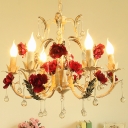 Candlestick Dining Room Chandelier Korean Flower Metal 6/8-Head Beige Hanging Light with Fake Rose and Crystal Drop