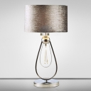 Drum Living Room Table Light Fabric 1-Head Modern Night Lamp in Brushed Grey with Drop Shaped Base