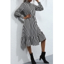 Women's A-Line Dress  Stripe Pattern Long Sleeves Regular Fitted Midi A-Line