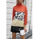 All-Match Sweater Color Block Leopard Printed Rib-Knitted Trim High Neck Long-sleeved Regular Fit Sweater for Women