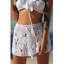 Retro Womens Cover up Skirt Hand-Hook Hollow out Knitted Drawstring Waist Mini A-Line Skirt