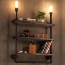 Piping Kitchen Wall Mount Lighting Industrial Iron 2 Heads Black Wall Light Sconce with 3-Layer Rack