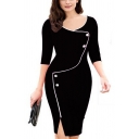 Retro Womens Dress Contrast Piping Split Detail Deep V Neck Half Sleeve Slim Fitted Knee Length Pencil Dress